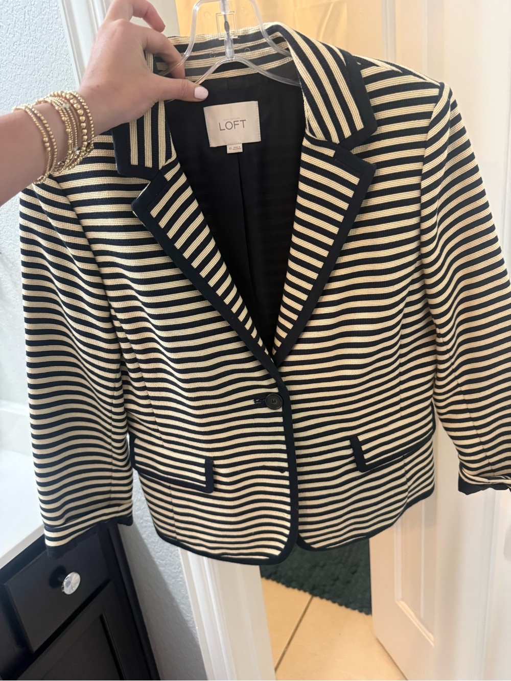 LOFT Black and Cream Striped Tailored Blazer